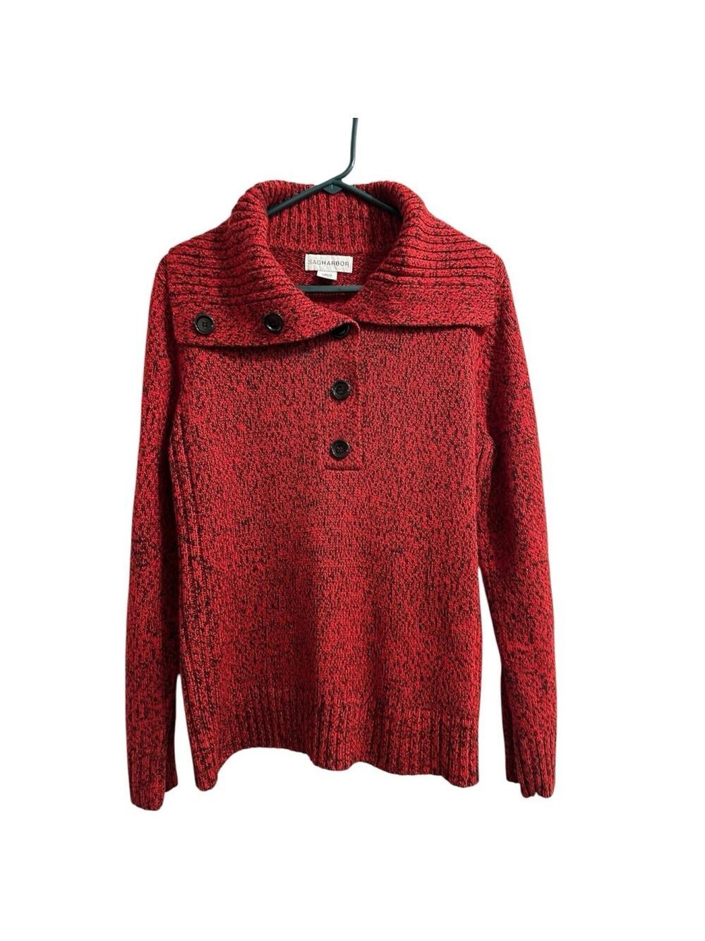 Sag Harbor Womens L Holiday Knit Sweater Cardigan Shawl Collar Button Turtleneck